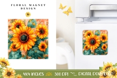 Floral Magnet Sublimation, Watercolor Sunflowers Magnet PNG Product Image 1