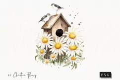 Watercolor Daisy Birdhouse Clipart | Watercolor Flower PNG Product Image 1