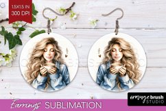 Coffee Girl Round Earrings - Coffee Lover PNG Sublimation Product Image 1
