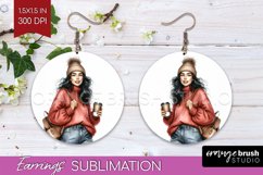 Coffee Girl Round Earrings - Coffee Lover PNG Sublimation Product Image 1
