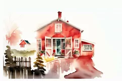 Red Farmhouse clipart, Watercolor house, Red Farm 14 PNG Product Image 9