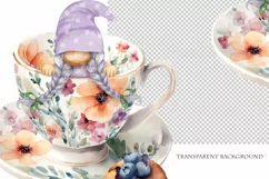 Watercolor gnome in a mug of tea with cookies, Gnome PNG Product Image 4