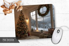 Cozy Holiday Living Room Snowy Forest View Mouse Pad PNG Product Image 1