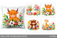Cute Animals Pillow Design. Flowers Pillow Sublimation Product Image 1