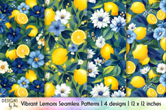 Vibrant Lemons and Blue Florals Patterns, Lemon Seamless PNG Product Image 1