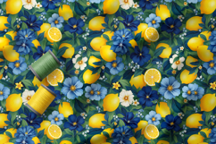 Vibrant Lemons and Blue Florals Patterns, Lemon Seamless PNG Product Image 2