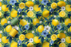 Vibrant Lemons and Blue Florals Patterns, Lemon Seamless PNG Product Image 3