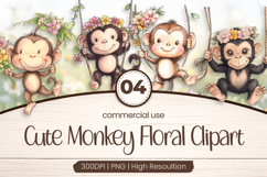 Cute Monkey Floral Clipart PNG Product Image 1