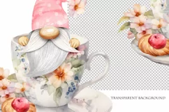 Watercolor gnome in a mug of tea with cookies, Gnome PNG Product Image 4