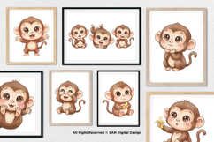 15 Bundle Watercolor Cute Monkey Animal Forest Banana Kids Product Image 4