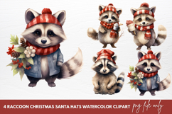 Raccoon Christmas Santa Hats Watercolor Clipart Product Image 1
