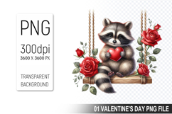 Valentine&#039;s Cute Raccoon Clipart PNG, Digital Download File Product Image 1