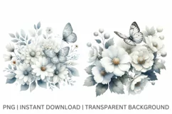 White flowers clipart, Watercolor floral art and Butterfly Product Image 4