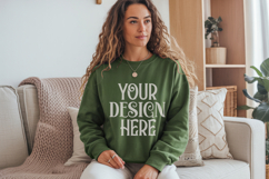 Gildan 18000 Military Green Crewneck Sweatshirt Mockups,G180 Product Image 1