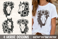 Set of four floral horse head SVG designs with sunflowers and boho line-art style, for Cricut/Silhouette shirts, mugs, signs, and decor.