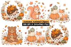 Autumn Clipart Design,Fox, Bear, Hedgehog &amp; Squirrel PNG SVG Product Image 1
