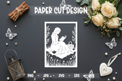 Book Lover Girl Paper Cut SVG, Floral Reading Woman Papercut Product Image 1