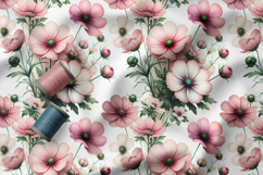 Spring Flowers Seamless Patter, Vintage Cosmos Flowers Product Image 4