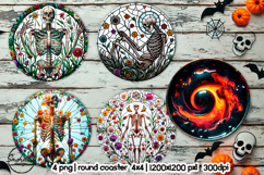 Skeleton round coaster png, Halloween sublimation design Product Image 1
