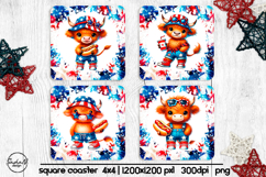 4th of july square coaster sublimation design, Highland cow Product Image 1