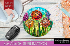 Stained Glass Car Coaster - Flowers Coaster PNG Sublimation Product Image 1