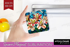 Stained Glass Magnet Sublimation - Flowers Square Magnet PNG Product Image 1