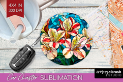 Stained Glass Car Coaster - Flowers Coaster PNG Sublimation Product Image 1