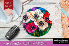Stained Glass Car Coaster - Flowers Coaster PNG Sublimation Product Image 1