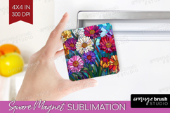 Stained Glass Magnet Sublimation - Flowers Square Magnet PNG Product Image 1