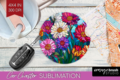 Stained Glass Car Coaster - Flowers Coaster PNG Sublimation Product Image 1