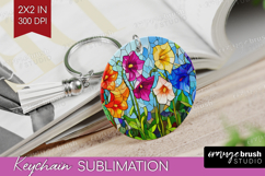 Stained Glass Keychain PNG - Flowers Keychain Sublimation Product Image 1