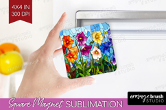 Stained Glass Magnet Sublimation - Flowers Square Magnet PNG Product Image 1