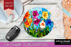 Stained Glass Car Coaster - Flowers Coaster PNG Sublimation Product Image 1