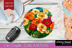 Stained Glass Car Coaster - Flowers Coaster PNG Sublimation Product Image 1