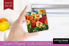 Stained Glass Magnet Sublimation - Flowers Square Magnet PNG Product Image 1