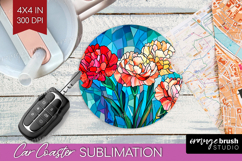 Stained Glass Car Coaster - Flowers Coaster PNG Sublimation Product Image 1