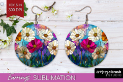 Stained Glass Round Earrings - Flowers PNG Sublimation Product Image 1