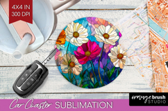 Stained Glass Car Coaster - Flowers Coaster PNG Sublimation Product Image 1