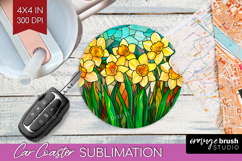 Stained Glass Car Coaster - Flowers Coaster PNG Sublimation Product Image 1