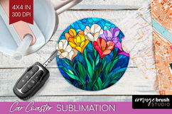 Stained Glass Car Coaster - Flowers Coaster PNG Sublimation Product Image 1
