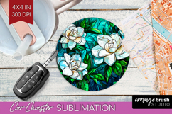 Stained Glass Car Coaster - Flowers Coaster PNG Sublimation Product Image 1