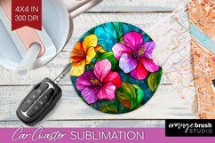Stained Glass Car Coaster - Flowers Coaster PNG Sublimation Product Image 1