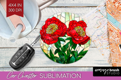 Stained Glass Car Coaster - Flowers Coaster PNG Sublimation Product Image 1