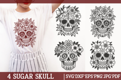 Sugar skull SVG cut files — floral Day of the Dead lace skulls with roses, intricate tattoo art for shirts and crafts.
