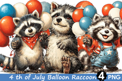 4 th of July Balloon Raccoon Clipart Product Image 1
