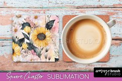 Watercolor Flowers Square Coaster - Floral Pink Sublimation Product Image 1