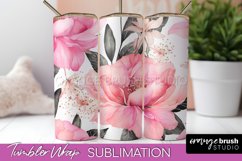Floral Tumbler Wrap - Pink Flowers Watercolor Tumbler PNG Product Image 1