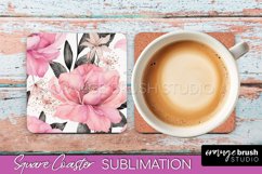 Watercolor Flowers Square Coaster - Floral Pink Sublimation Product Image 1
