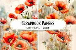 4 Watercolor Poppy Flower Backgrounds Scrapbook papers
