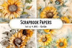 4 Watercolor Sunflower Backgrounds Scrapbook papers